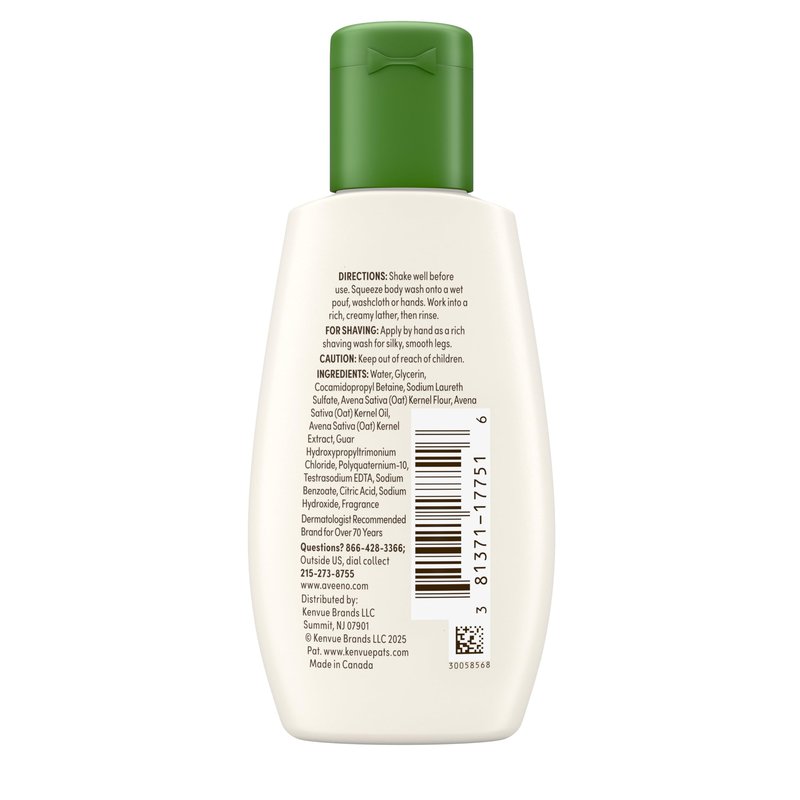 Aveeno Daily Moisturizing Body Wash for Dry & Sensitive Skin + Prebiotic Oat, Shower Body Wash Gently Cleanses & Nourishes Dry Skin, Lightly Scented, Travel-Sized, 2 fl. oz