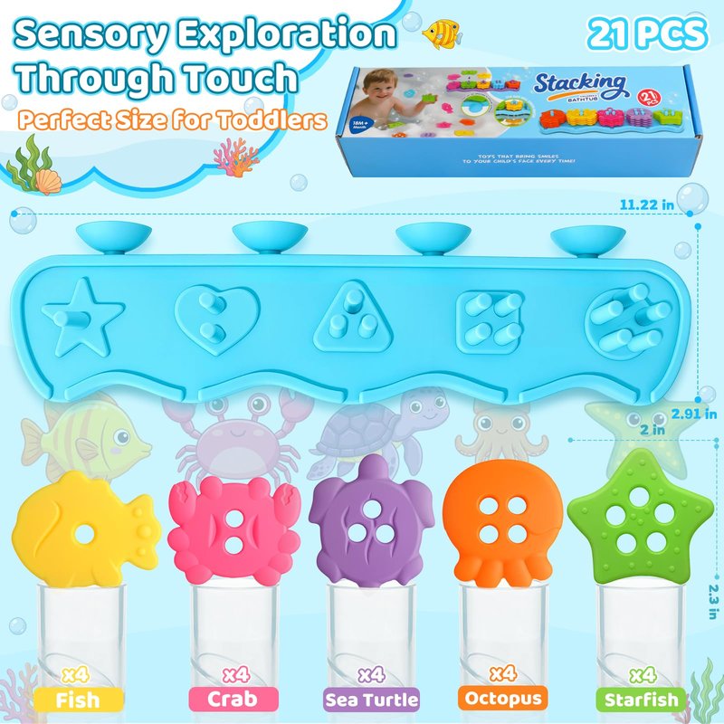 Baby Bath Toys for Kids Ages 1-3 Mold Free Bath Toys Toddlers 2-4 Silicone 21 PCS Ocean Shape Sorters for Toddlers 1-3 Stacking Bathtub Suction Water Play Toys for Toddlers 3-5 Boy Girl Early Learning