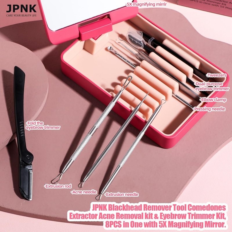 JPNK Blackhead Remover Tool Kit - 8-Piece Comedones Extractor & Eyebrow Trimmer with 5X Mirror (Silver)