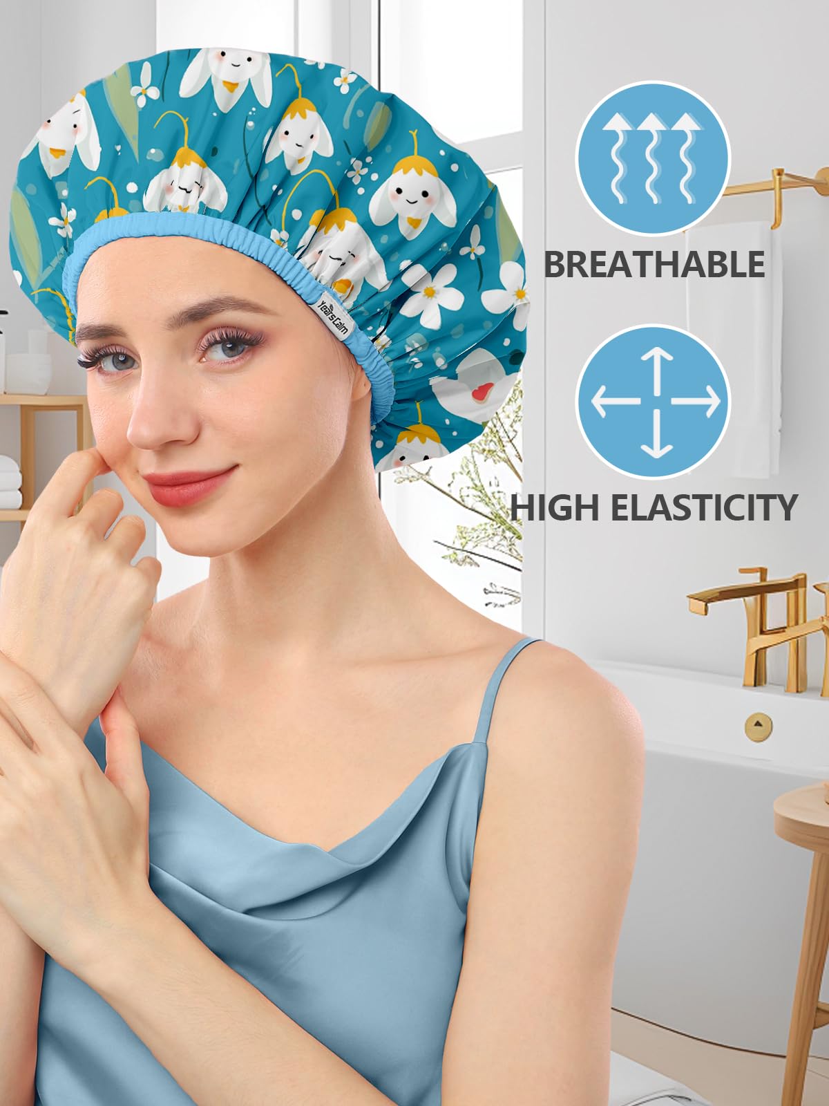 Years calm Shower Caps for Women Reusable Waterproof, Double Layer Waterproof Fabric - Both Sides Usable, Reversible Pattern & Solid Color Design, Soft Elastic Keeps Hair Dry for shower Spa Travel