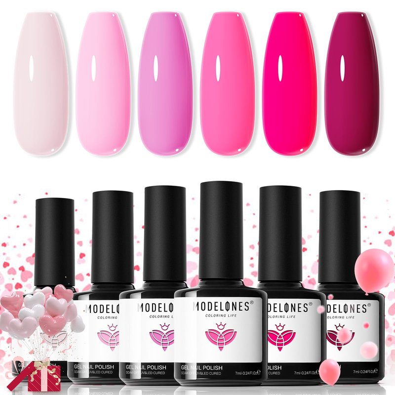 modelones Pink Gel Nail Polish Set- 6 Colors 2026 Summer Spring Pastel Hot Pink Tones Neon Milk Pink White Gel Polish Magenta Light Soft to Dark LED Nail Art for Nail Lovers Gift DIY Starter Kit