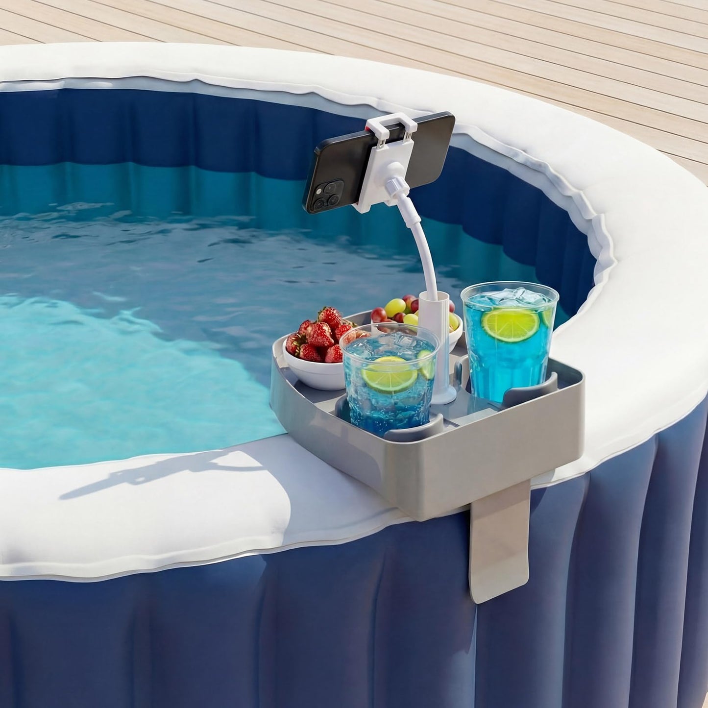 Klyyo Clyro Hot Tub Table Tray with Adjustable Phone Holder 2 Cup Holders, Fits 5.9-9.8", 3 in 1 Hot Tub Accessories for Aboveground Outdoor Inflatable Pool Drinks Snacks Spa Gift for Women Mom Adults