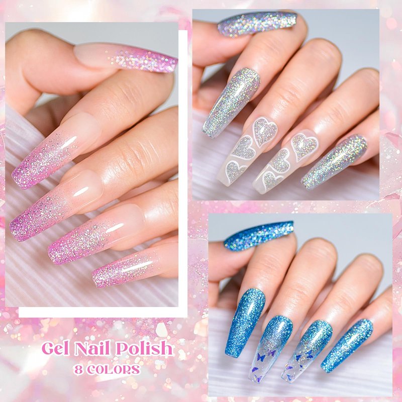 MEET ACROSS Glitter Gel Nail Polish Set for Nails 8 Colors Including Sparkly Shiny UV LED Soak Off Black Purple Pink Blue Gel Polish Kit Home DIY Manicure Nail Salon Varnish