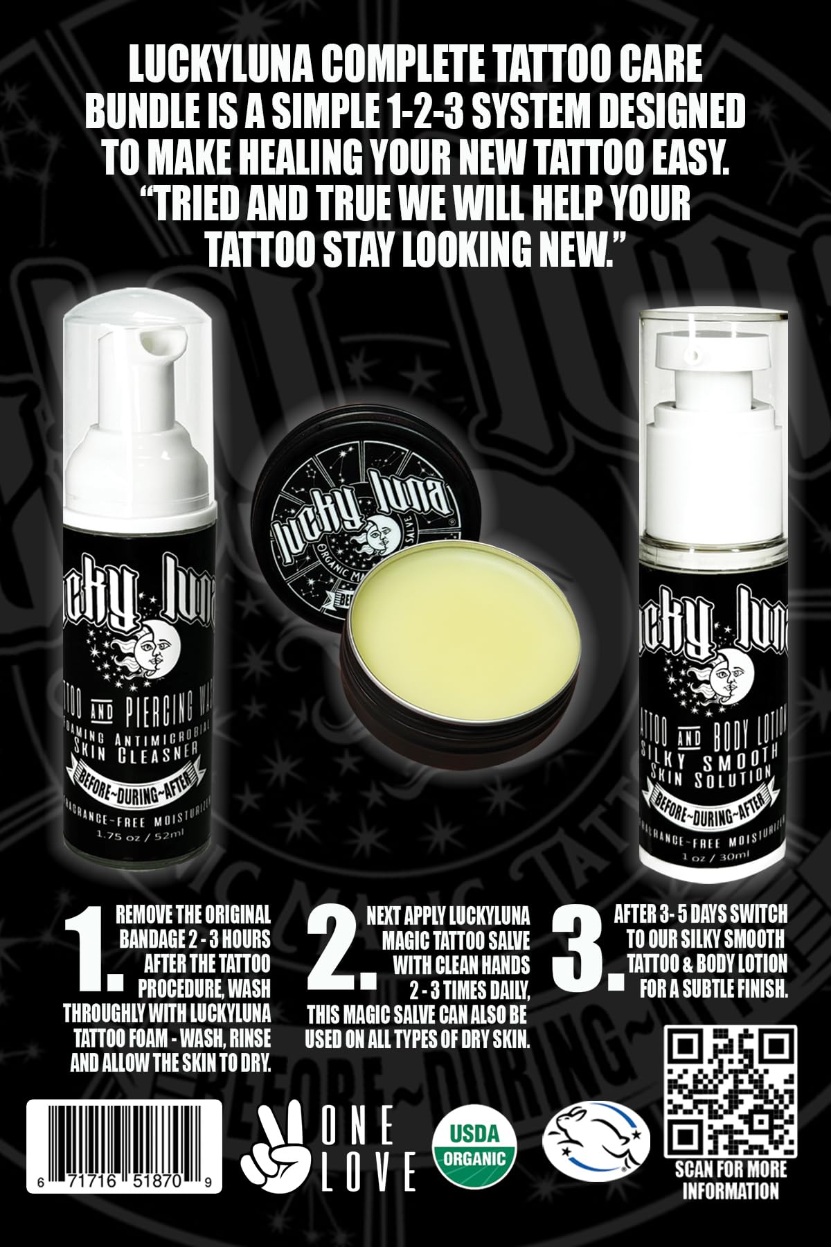 LuckyLuna Complete Tattoo Care Bundle, Aftercare Kit, Includes Foaming Soap, 1oz Organic Magic Salve, Tattoo and Body Lotion, Professional Healing