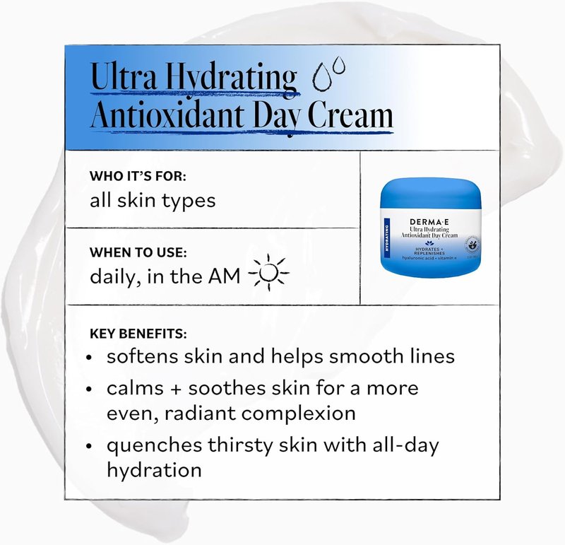 Derma E Ultra Hydrating Antioxidant Day Cream - Moisturizer with Hyaluronic Acid & Ceramides for Sensitive Skin | 2 Fl Oz