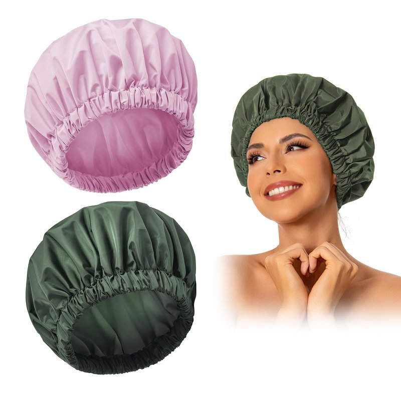 Reusable Shower Cap for Women, Large Waterproof Shower Bonnet with Elastic Band, Washable Bath Hair Cap for Long, Curly Hair, Braids, Daily Shower, Home Spa, Travel(Green&Purple)