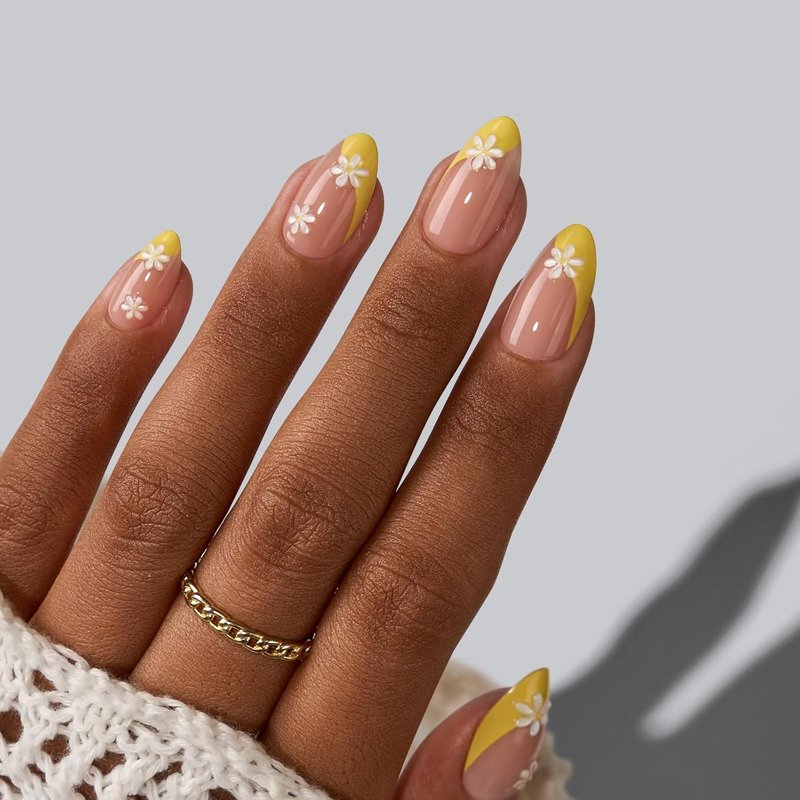 French Tip Press On Nails - Semi-Transparent Short Almond Gel Nails | 32-Piece Kit in 16 Sizes with Glue
