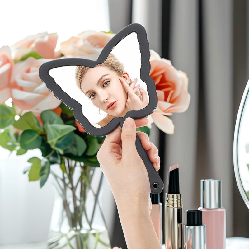 Butterfly Shaped Hand Held Mirror with Handle, Cute Cosmetic Travel Handheld Mirror, Single-Sided Portable Travel Vanity Lash Hand Held Mirrors for Shaving Makeup Men & Women (Black, 6 x 8 Inch)