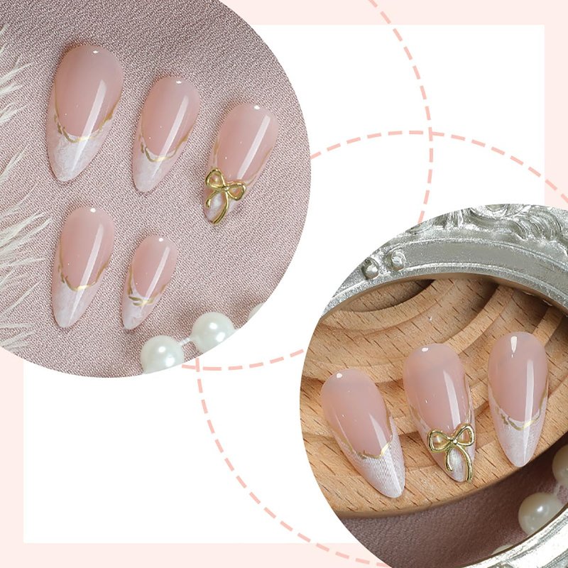 24Pcs White French Tip Press on Nails Medium Almond Fake Nails with 3D Bow Design Gold Line Artificial Stick on Nails Cute False Nails French Full Cover Glue on Nails for Women Manicure Salon Kits
