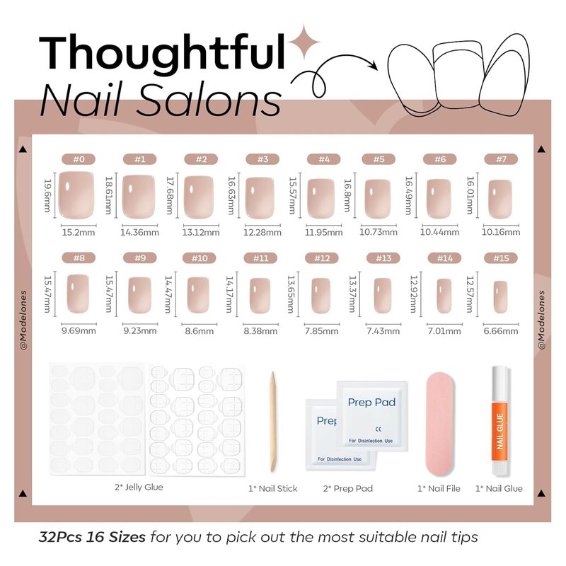Modelones Nude Press-On Nails - Short Square Jelly Fake Nails | Reusable 32 Pcs Nail Kit with Glue & File