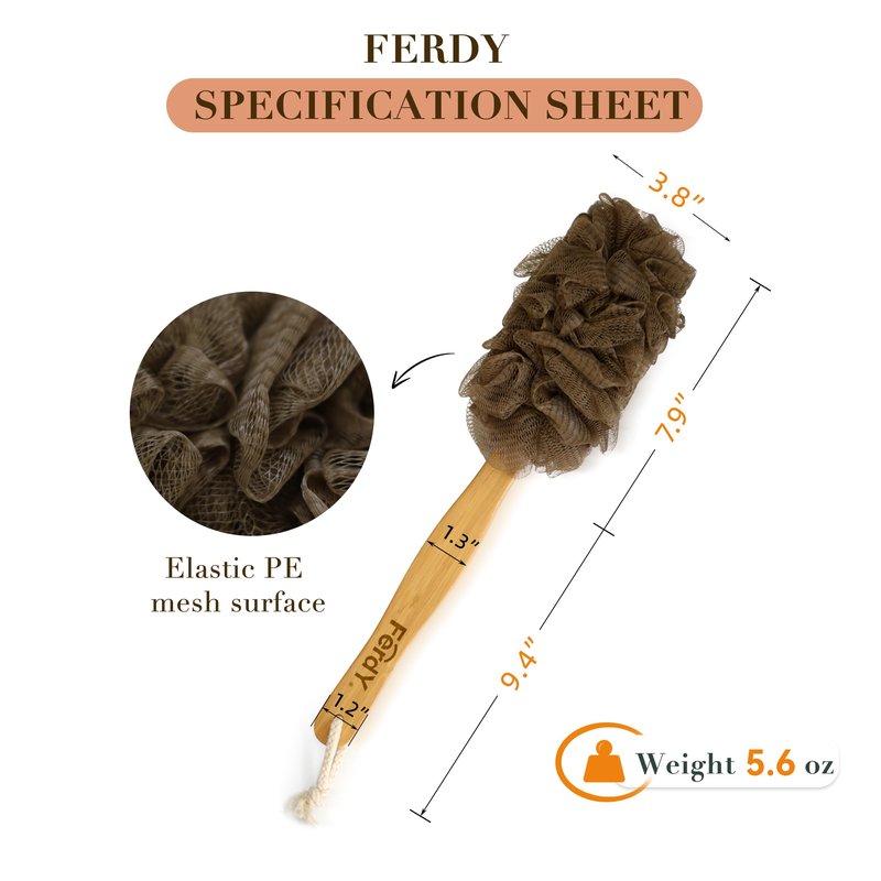 FerdY Back Scrubber for Shower,Long Handled Loofah on a Stick, Soft PE Mesh Back Sponge for Bath, Body Brush for Men Women, Exfoliating Scrub Cleaning Luffa