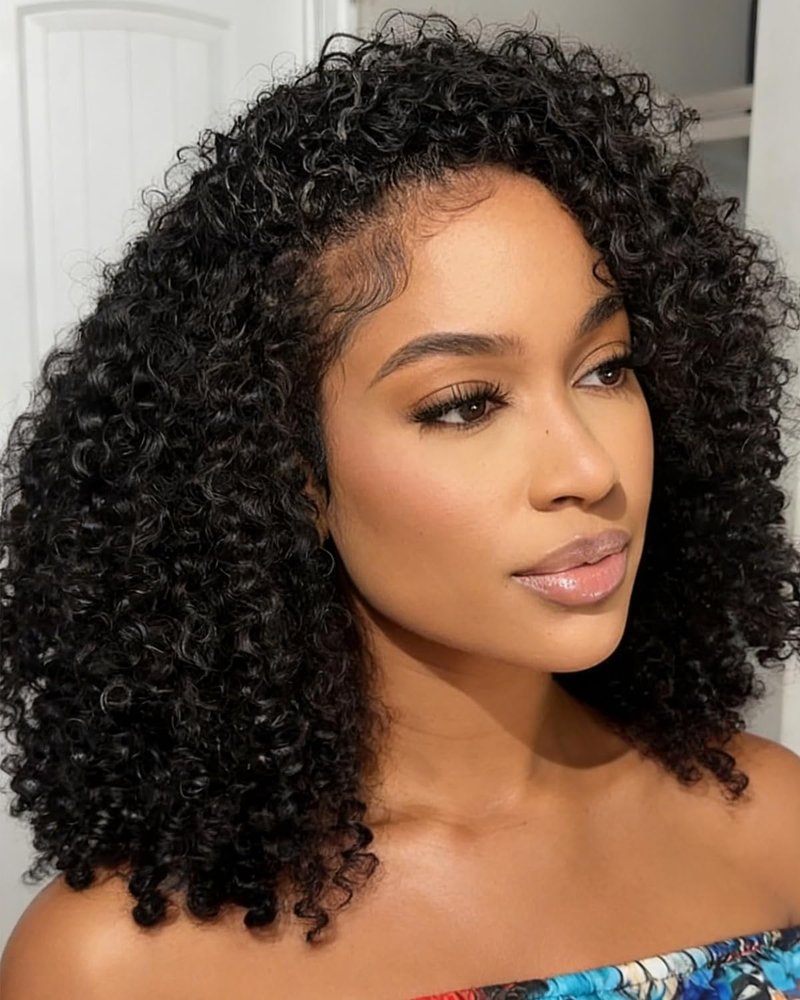 Jet Black Kinky Curly Half Wig - 200% Density Glueless Drawstring | 20 Inch for Black Women