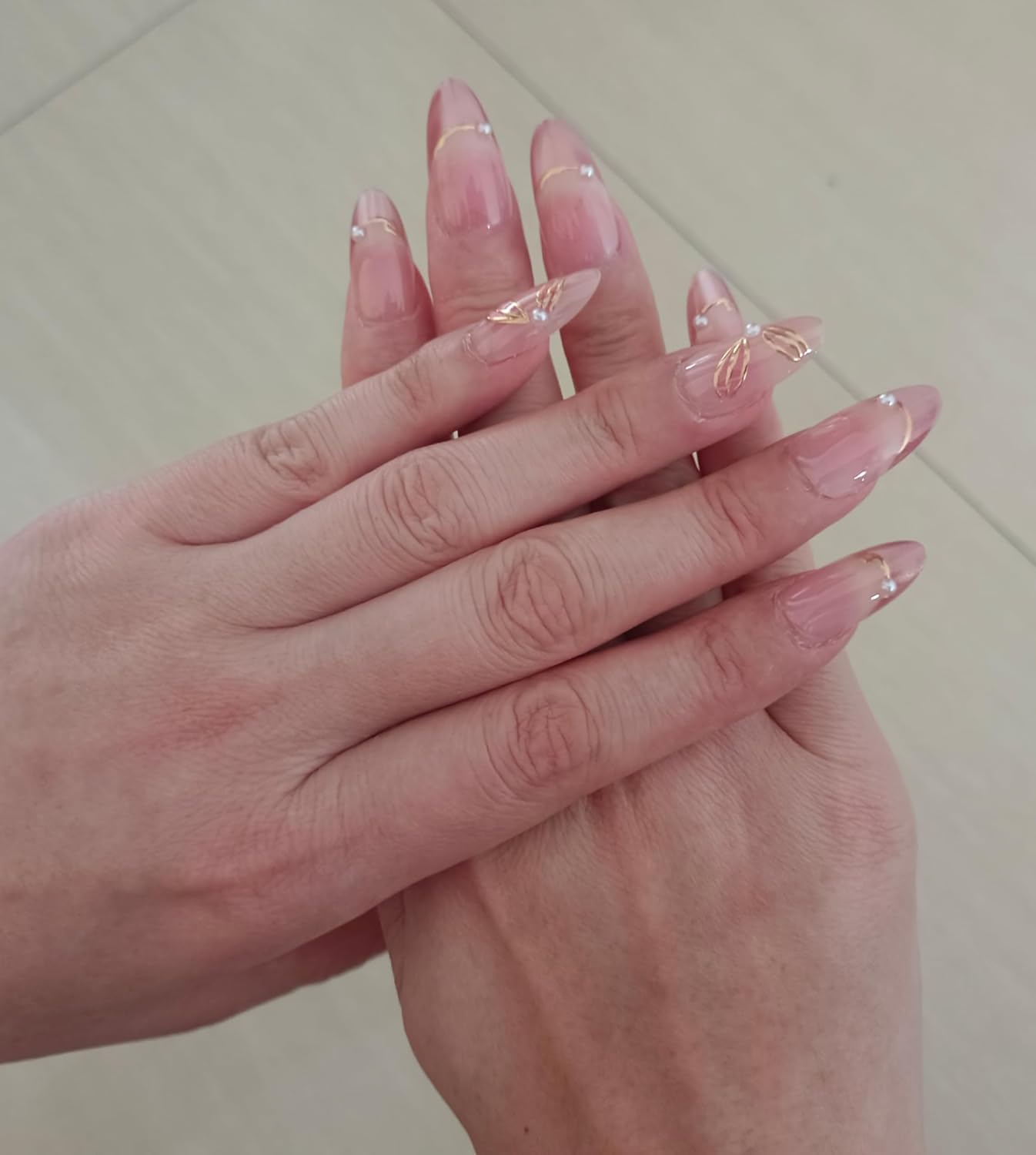 Thrivingbyday Nude Pink Press-On Nails - Gold Butterfly & Pearl Accents | Medium Almond Shape for Bridal & Everyday Wear