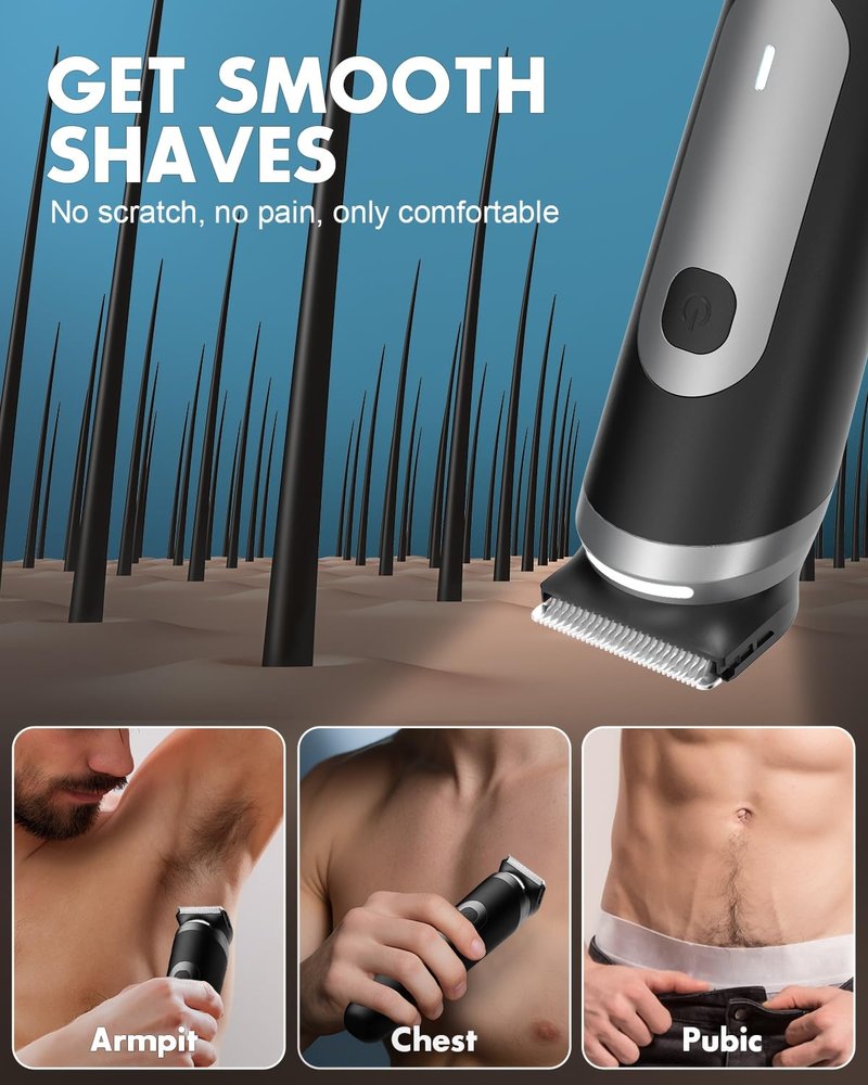 LOBINH Electric Body Hair Trimmer for Men - Pubic Shaver with Ceramic Blades (No Nicks) - Mens Wireless Ball Shaver, Waterproof Wet/Dry Electric Razor, USB Recharge Dock
