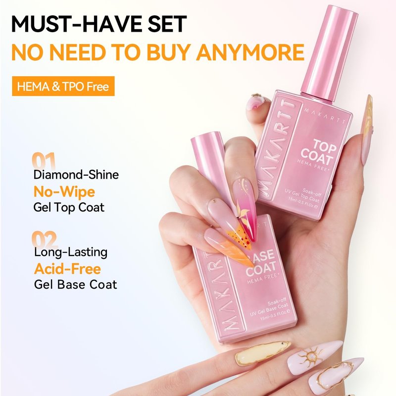 Makartt Hema-Free Gel Top and Base Coat Set: 2 PCS 15ml No Wipe Upgraded Mild Formula Diamond-Shine Long-Lasting Base and Top Coat Gel Nail Polish Soak Off UV LED Lamp Needed Home DIY Gift Women