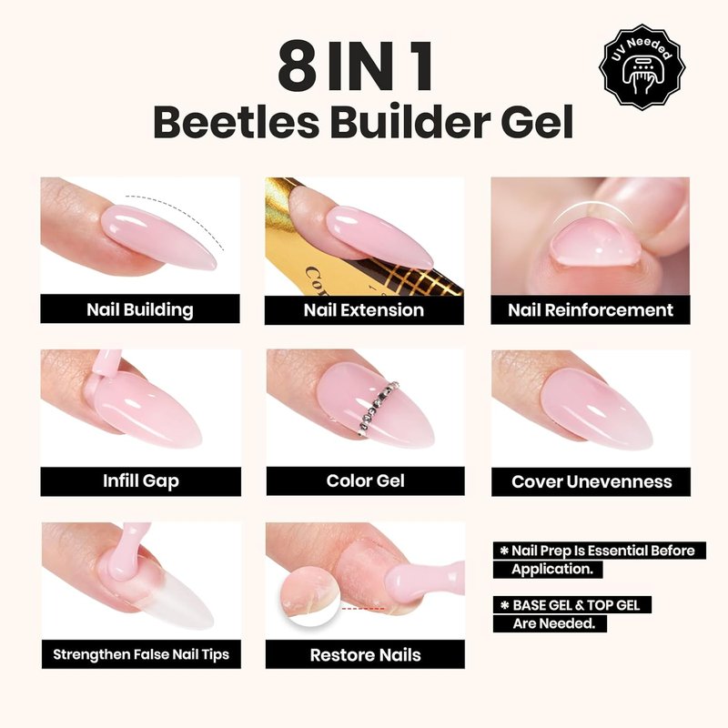 Beetles Builder Gel - Clear Nail Gel Set with Base & Top Coat for Strengthening & Extensions | 3 Pcs