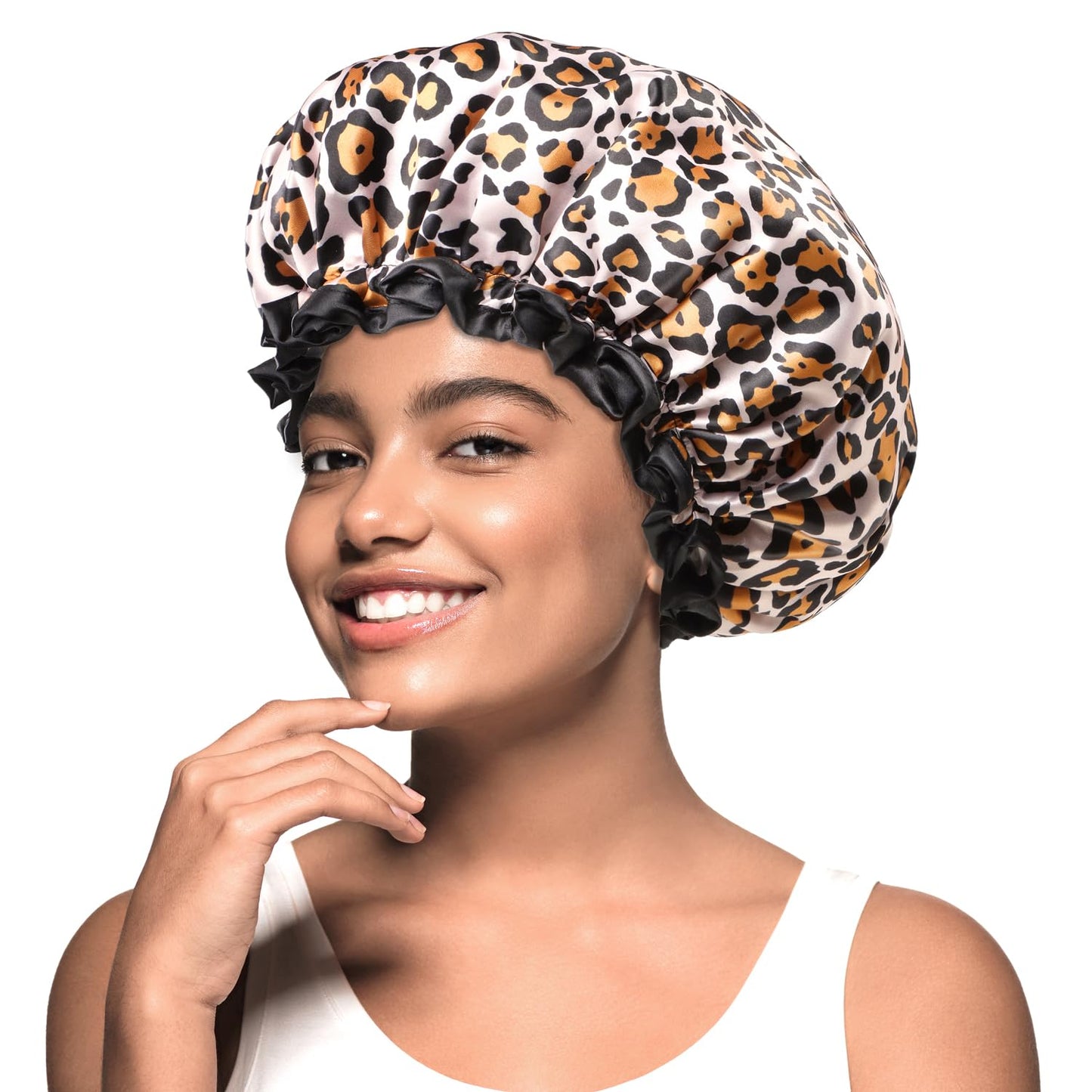 mikimini Large Shower Cap for Women Long Hair, Leopard Stylish Shower Caps with Black Lace, Double-layer Waterproof, Reusable, Washable