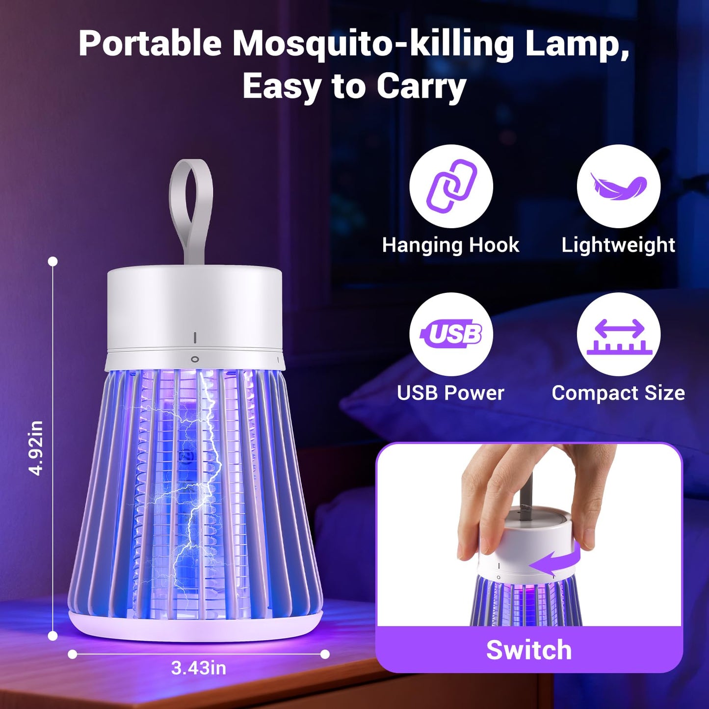 Bug Zapper Outdoor Indoor, Portable Mosquito Zappers Killer, USB Rechargeable Electric Fly Swatter Zapper, Mosquito Repellent Outdoor Patio, Flying Trap for Home Camping, Lightweight, Satety Gird