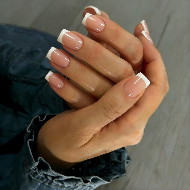 KXAMELIE Press On Nails Short Medium - Square French Tip Press On Nails with Glue, Natural Nude Fake Nails in 15 Sizes - 30 Soft Gel Glue on Nails Kit for Women, Supremely Fit, Elegant White French