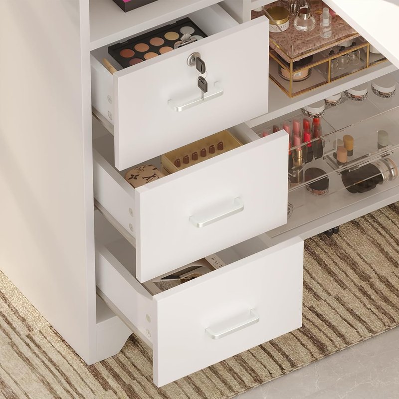 Skiennix Foldable Nail Desk - Portable Manicure Table with Power Outlets & Lockable Drawer | White L-Shape Workstation for Home Salon