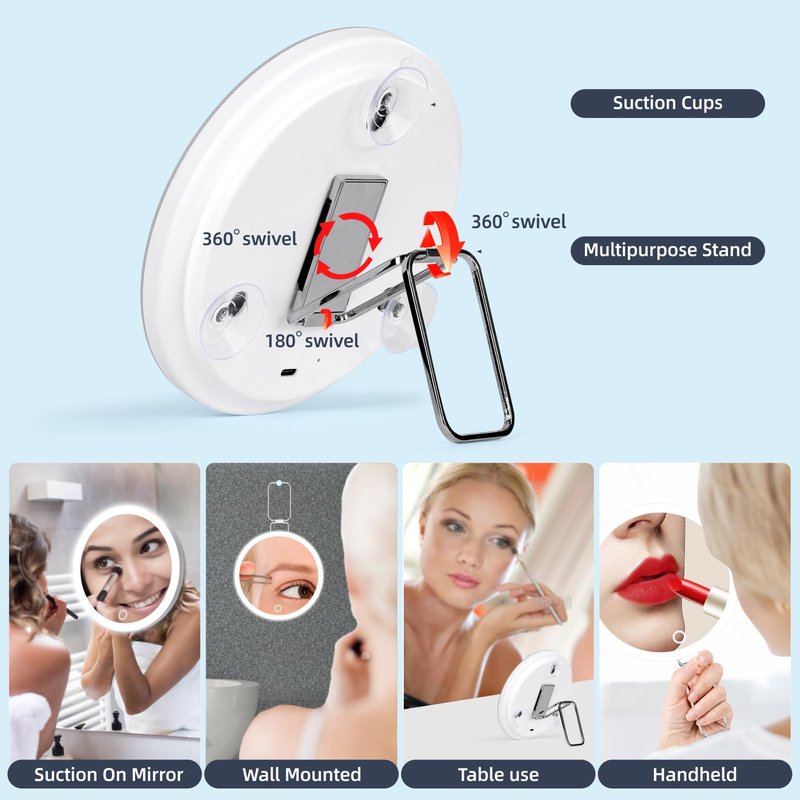 Magnifying Mirror with Light 30X, , Large 6" Rechargeable 3 Colors Modes Dimming Lighted Makeup Mirror with 30X Magnification, LED Travel Magnified Mirror with 3 Suction Cups and 360° Table Stand