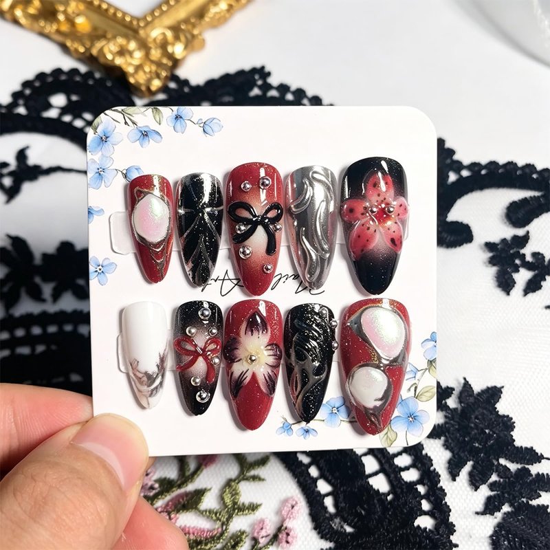 24Pcs Y2K Gothic Press on Nails Medium Almond Handmade Fake Nails Black Red 3D Flower Bow False Nails with Silver Metallic Designs Reusable Acrylic Nails for Women DIY Manicure Decorations