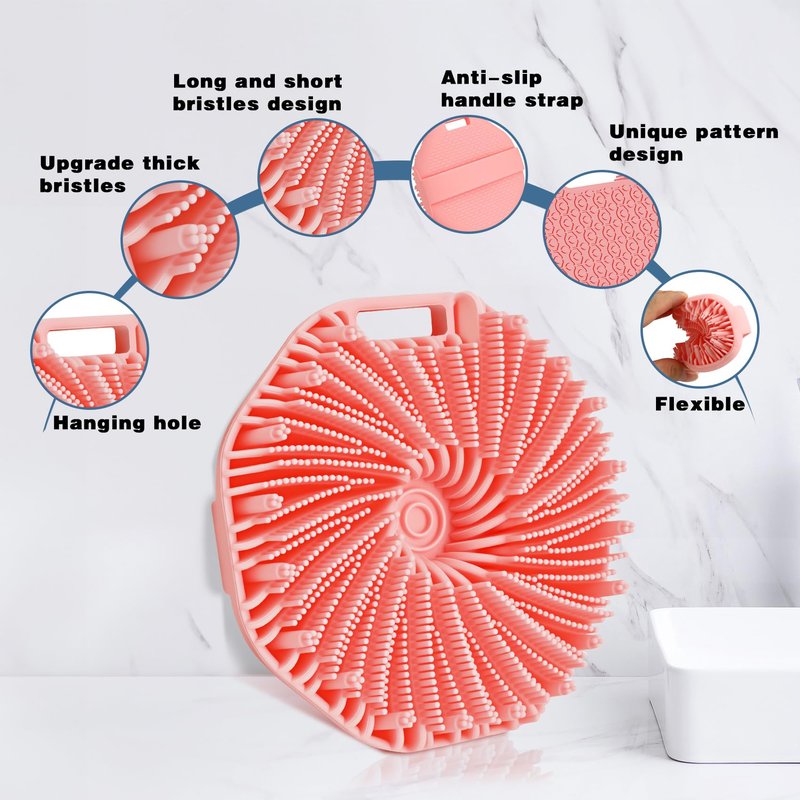 Silicone Body Scrubber, 2 PCS Exfoliating Body Scrubber, Silicone Loofah Bath Brush with Hand Strap, No-Slip Silicones Body Wash Brush Body Scrubbers Shower Cleaning for All Skin Types (Grey & Pink)