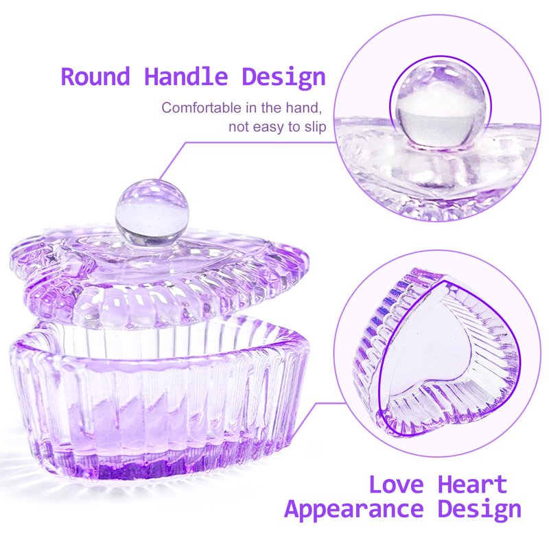 Crystal Sweet Heart Shape Acrylic Liquid Powder Glass Dappen Dish Glass Cup w Cap Lid Bowl for Acrylic Nail Art Transparent Kit (HJ-NAPB071-Purple-2pcs)