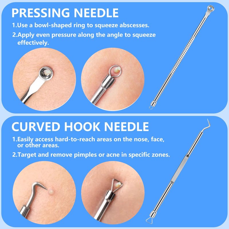 AskBed 5PCS Blackhead Remover Comedone Extractor Kit - Professional Stainless Steel Tools for Pimple, Acne, and Blemish Removal - Curved Tweezers Included