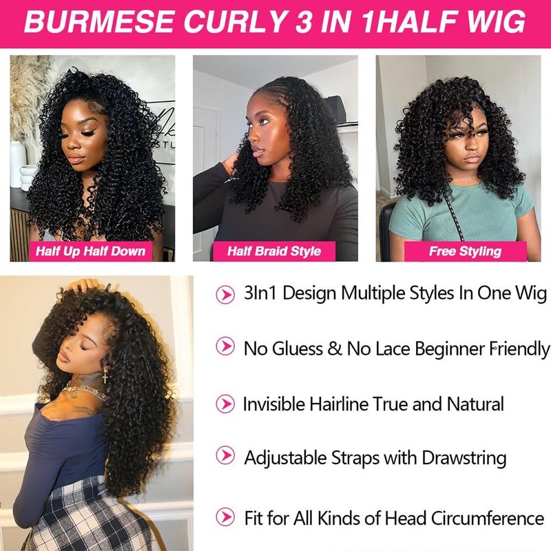 Burmese Curly Half Wig - 12 Inch Human Hair, 200% Density | Glueless, Beginner-Friendly Design
