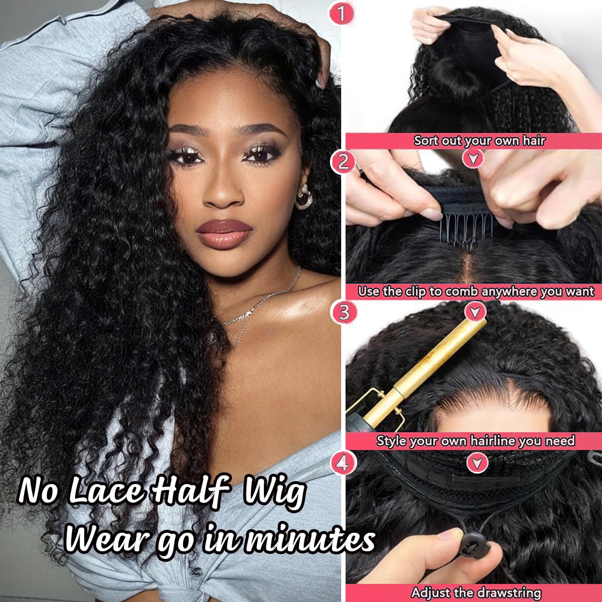 XSY Half Wig Human Hair Deep Wave 3 In 1 Curly Half Wigs for Black Women Wear Go Glueless Headband Wig Beginner Friendly 180% Density 24 Inch