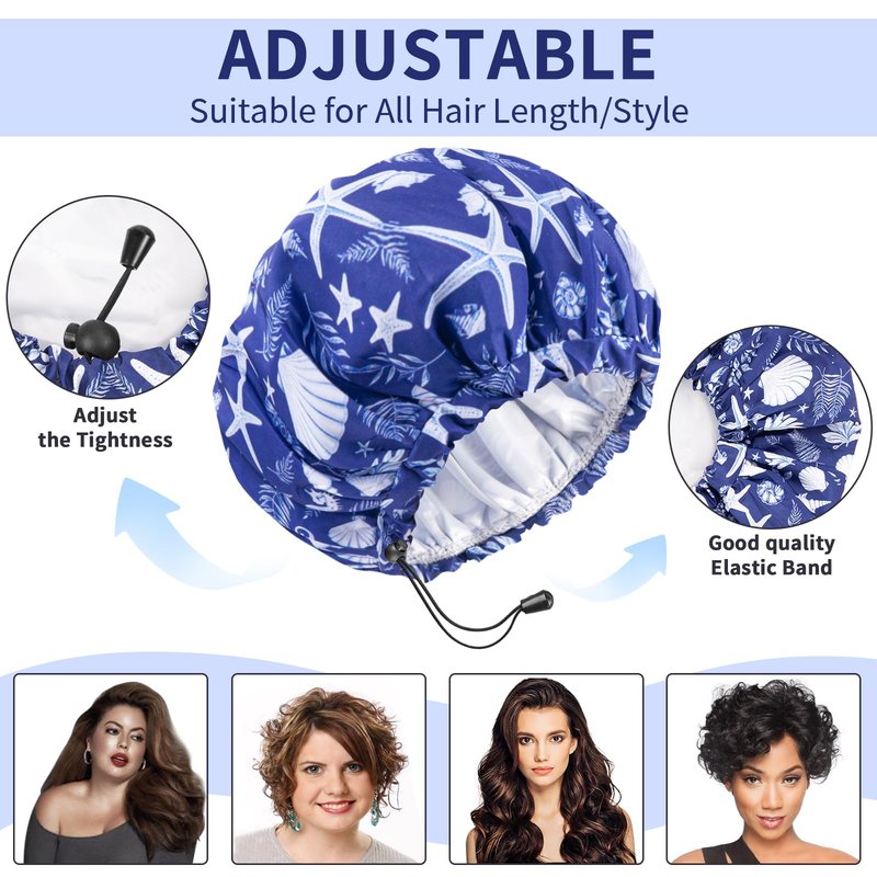 1 PCS Shower Cap, Double Layer & Adjustable Bathing Cap for Shower, Extra Large Reusable Hair Cap for Women, Waterproof Exterior & EVA Lining, Oversized Design for All Hair Lengths/Style