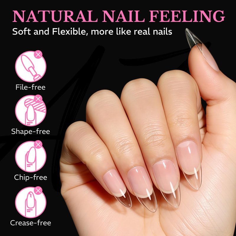 AZUREBEAUTY Medium Almond Nail Tips 600pcs 15 Size, Pre Etched Soft Gel Nail Tips Acrylic Fake Nails Half Matte Full Cover Clear Press On False Nail Extensions for DIY Manicure at Home Nail Art