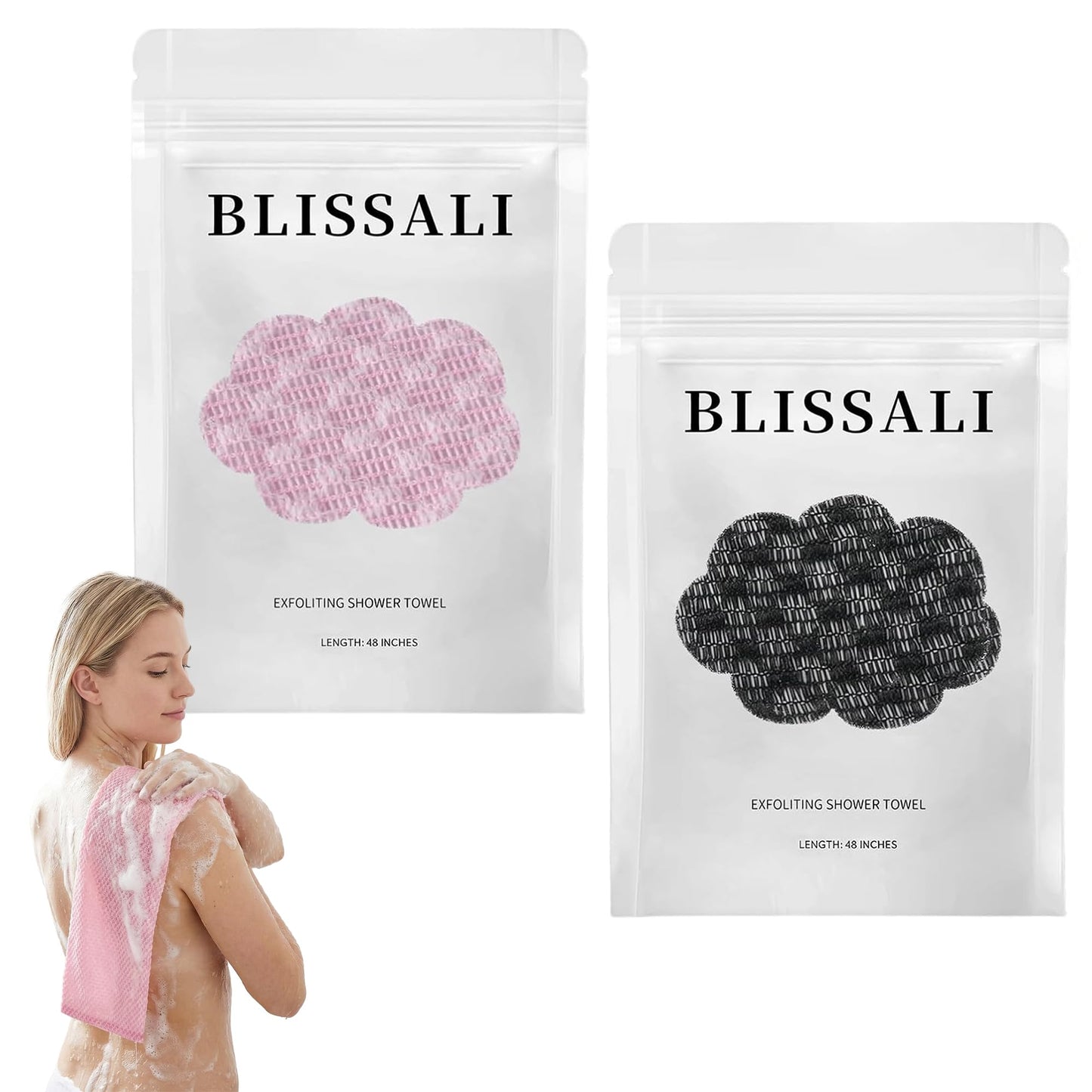 Thourevl Dual-Sided Exfoliating Shower Towel with Extra-Long Handle, Premium Body Scrubber for Back Exfoliation，Black and Pink (2-Pack)