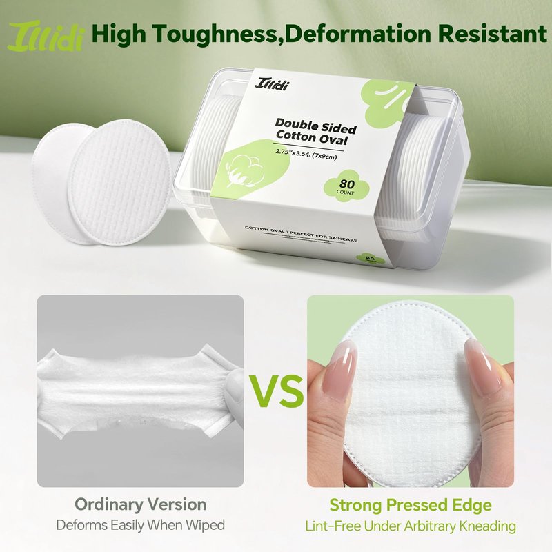 ILLIDI Large Oval Cotton Pads, Multi-Layer, Dual-Sided, for Makeup Removal, Cleansing, and Toner Application, 80 Count