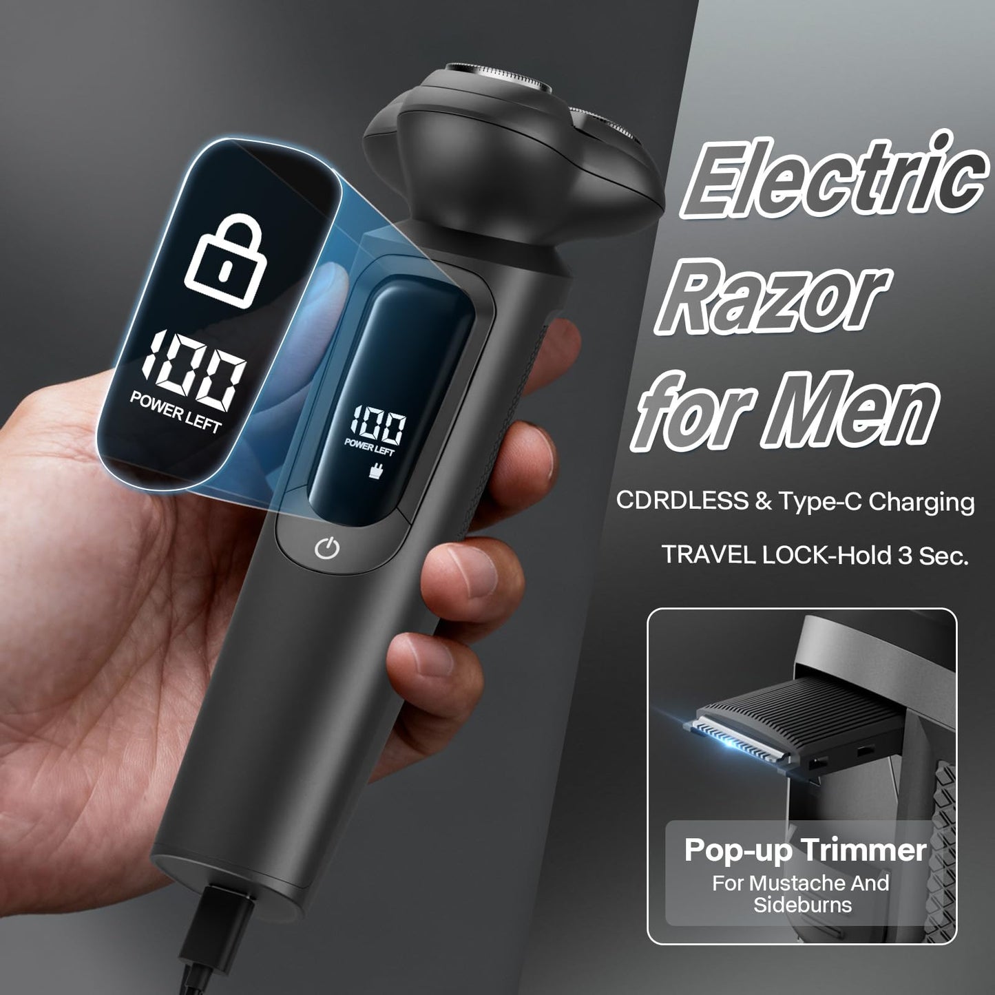 MALEGEBAZ Electric Razor for Men, 3D Flex Blades with Pop-Up Trimmer, IPX8 Waterproof, Type-C Quick Charge, LED Display, Travel Lock, Wet & Dry Shave, Sleek Gunmetal