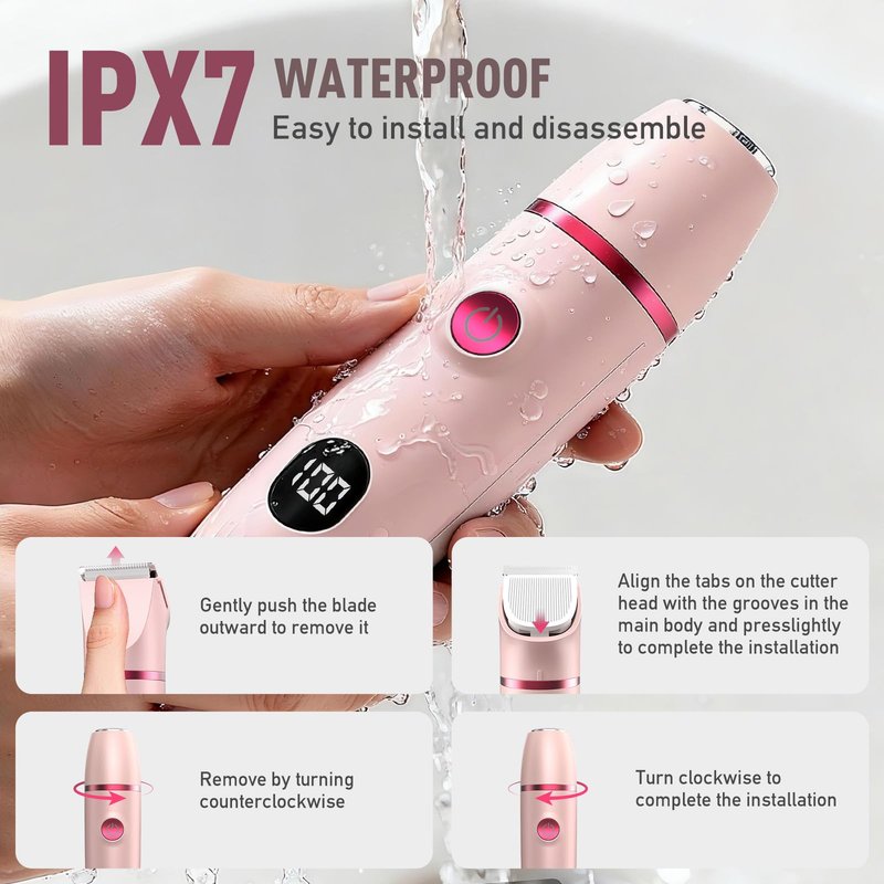 Crolanli Bikini Trimmer for Women, 3-in-1 Electric Razors for Women, IPX7 Waterproof Rechargeable Cordless Pubic Hair Shaver, with LED Display, for Ladies Bikini Pubic, Face, Underarms, Legs(Pink)