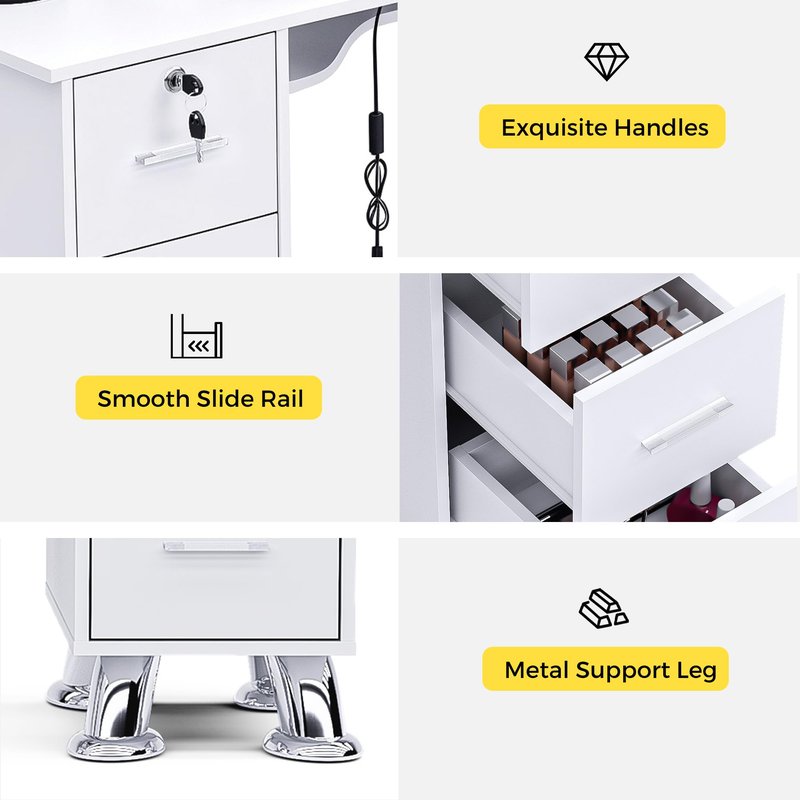 Manicure Table Nail Station w/Dust Collector - L-Shaped Nail Tech Table with Shelves, Storage Cabinets, Drawers, Metal Handles & Legs, Salon Wrist Rest, Beauty Salon Workstation Decor (White)
