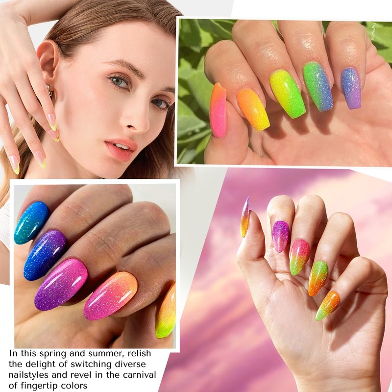 AZUREBEAUTY Nail Polish Set, 4 Colors Flash Reactive Shimmer Glitter Neon Pink Orange Green Purple Spring Summer Long Lasting Quick Dry Natural Fingernail Lacquer Strengthening Kit with Top Coat