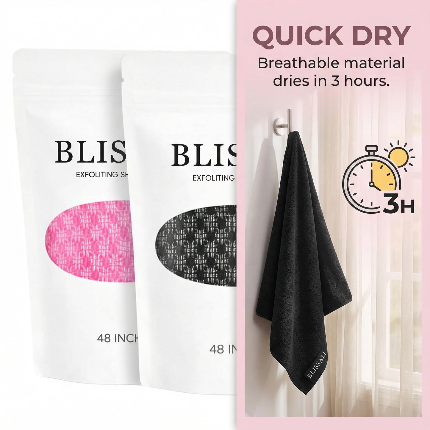 BLISSAL Exfoliating Shower Towel, Exfoliating Body Scrubber Bath Towel for Shower, Deep Cleansing, Remove Dirt, Oil & Dead Skin, Quick Dry Body Towel for Men & Women, 48 Inch, Pink & Black, 2 Pack