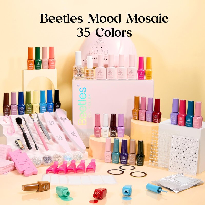 Beetles Gel Nail Polish Kit with U V Light -35 Colors Gel Polish Set 68 Pcs One Color One Bottle Mood Mosaic Nail Kit with Top Base Coat Beauty Must Have DIY Salon Manicure Gifts for Women