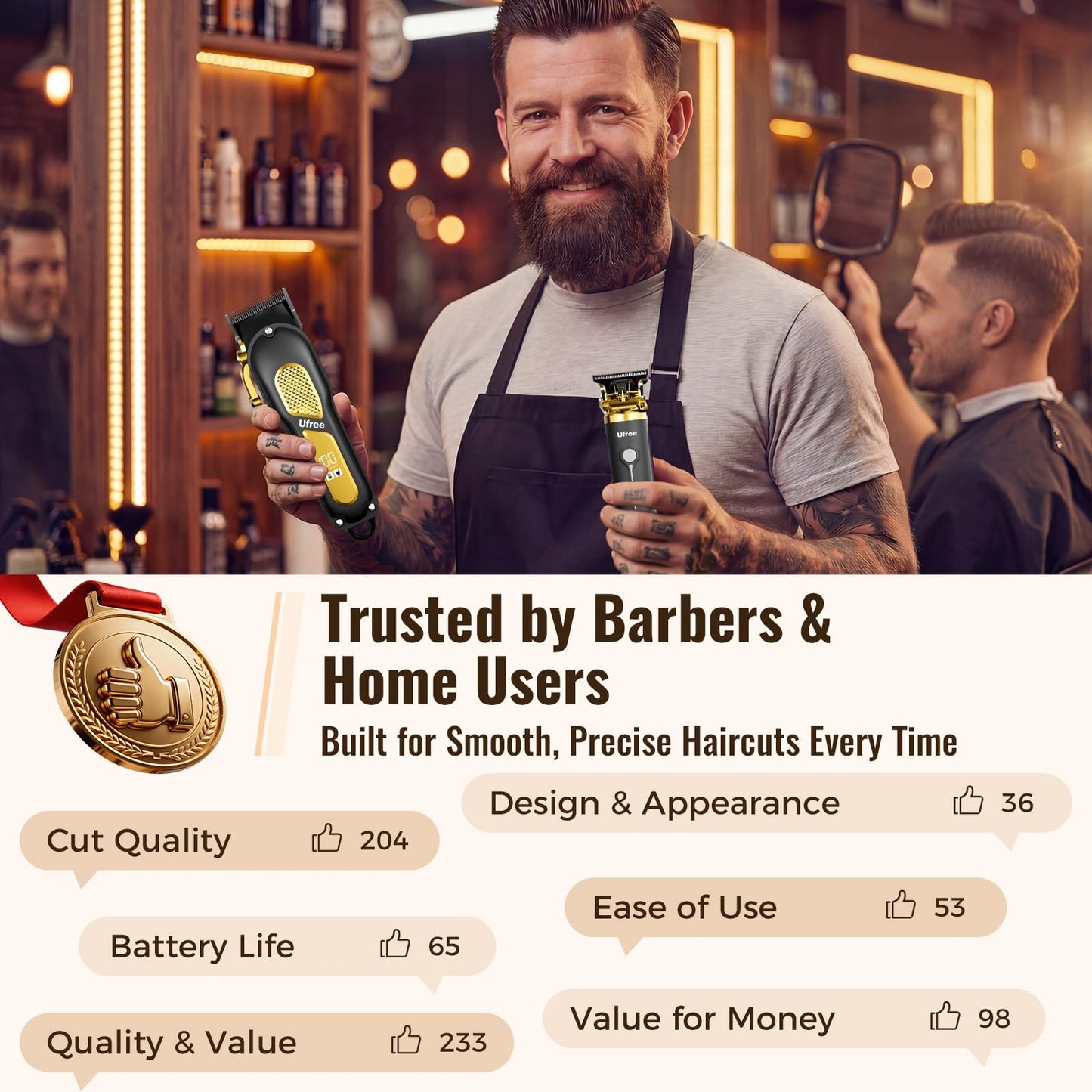 Ufree Hair Clippers for Men, Clippers and Trimmers Set, Cordless Barber Clippers, Grooming Kit, Gifts for Men