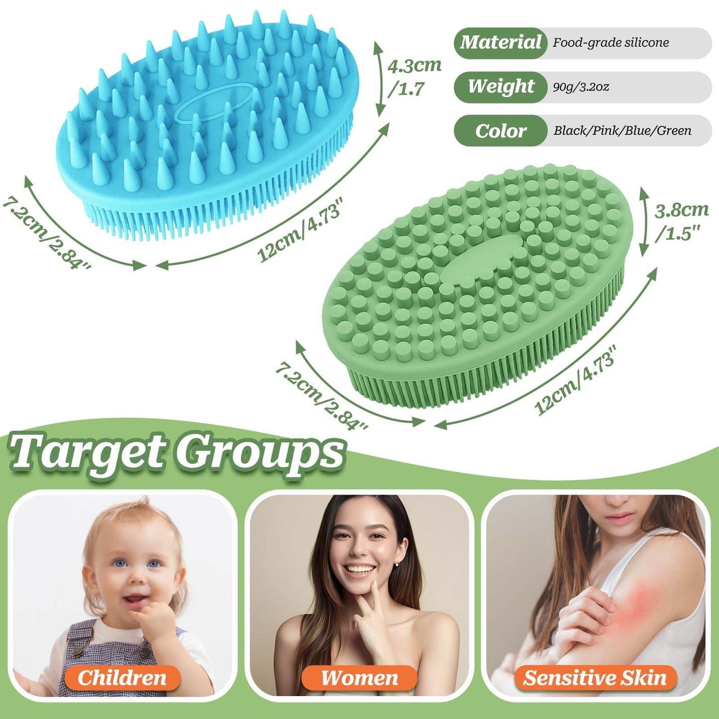 GEENOA Soft Silicone Body Scrubber 2PCS, Dual-Side Silicone Loofah for Shower, Gentle Loofa Alternative, Replaceable Brush Head to be Used Alone or with Long Handle (Bluex2)