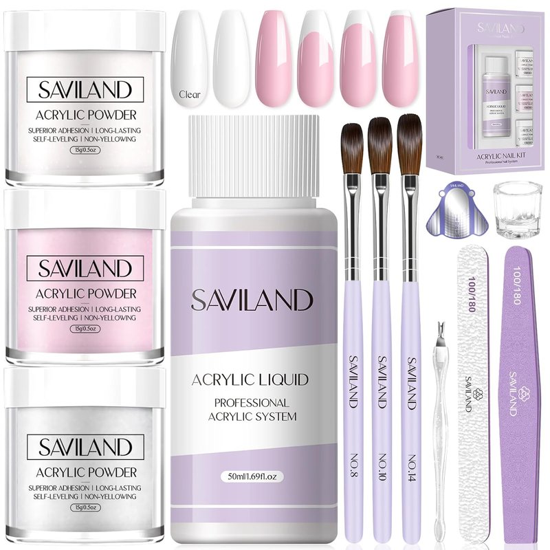 SAVILAND Acrylic Nail Kit for Beginners - Clear, White & Pink Powder, Liquid, Brushes & Tools Set