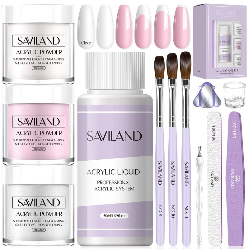 Saviland Acrylic Nail Kit: French Sculpture Set with Clear/Nude/Pink Powder and Liquid, Brush, Cuticle Oil for Professional DIY Nail Art - Beginner Set