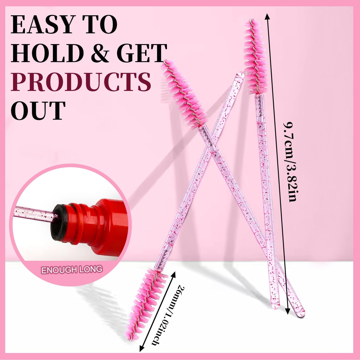 Teenitor 300PCS Mascara Wands Disposable, Lash Wands Eyelash Brush Mascara Spoolies, Eyebrow Spoolie for Eye Lash Extensions, Disposable Makeup Applicators with Container, Crystal Pink