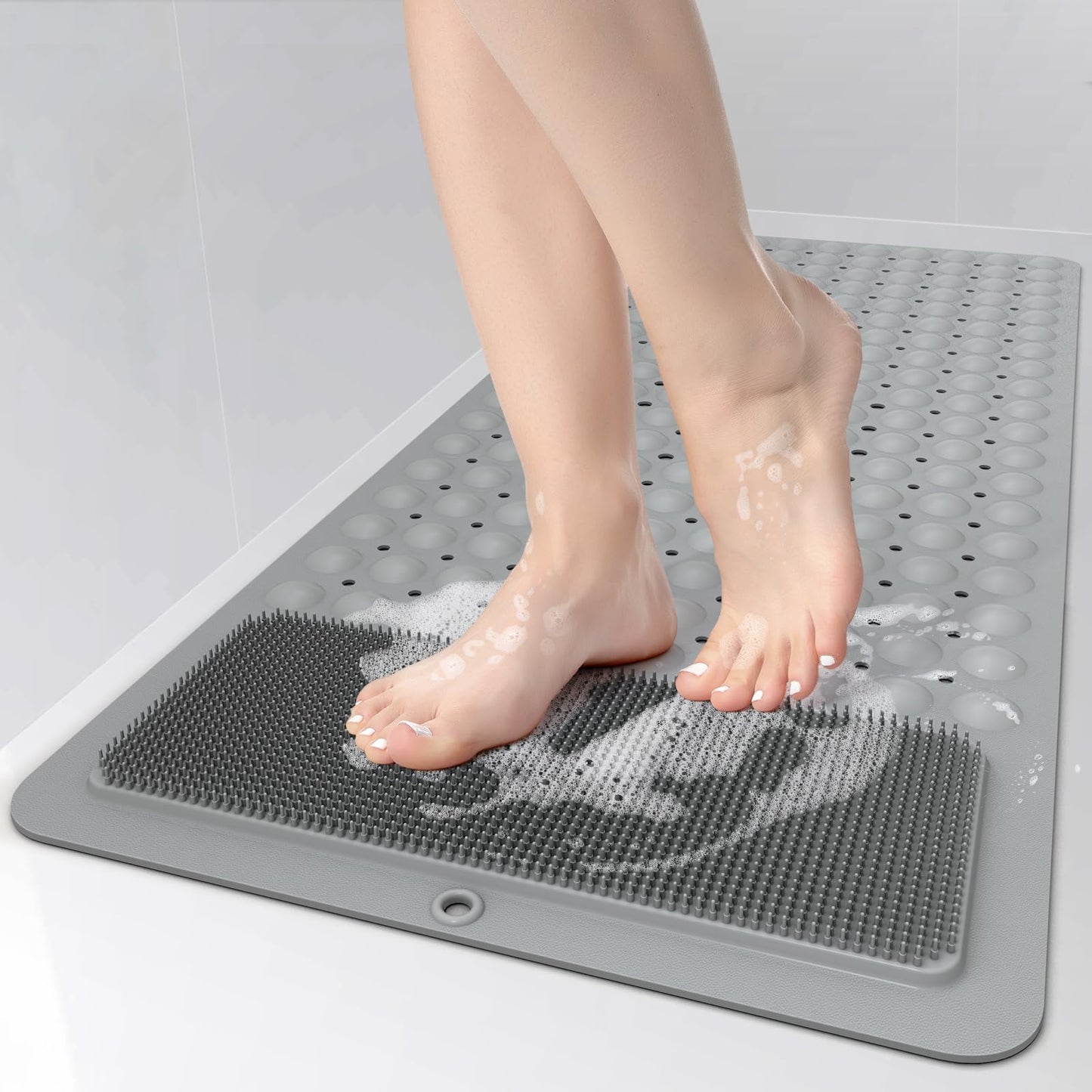 Yolife Bathtub Mat Non Slip, Shower Foot Scrubber Mat, 39 x 16 inch Extra Long Bath Mat for Tub Non Slip with Suction Cups Drain Holes, Shower Mat with Foot Scrubber, Machine Washable(Light Grey)