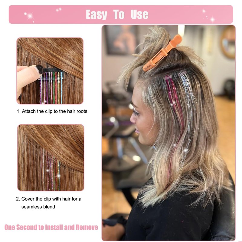 Skiennix Hair Tinsel Extensions - 20 Inch Glitter Clip-Ins | Pack of 18 for Kids & Women (Black)