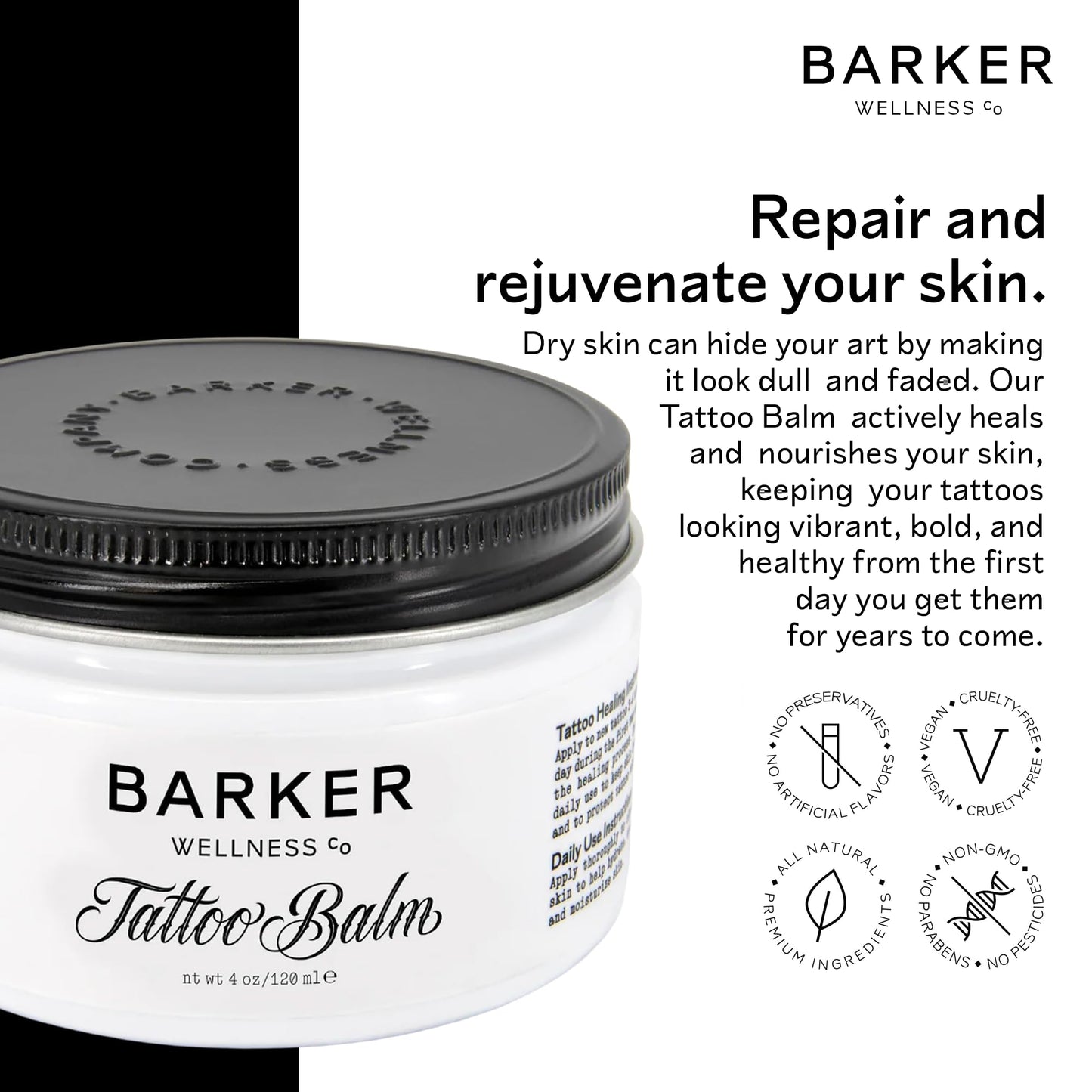 Barker Wellness Tattoo Balm - Natural Vegan Aftercare with Bisabolol, Helichrysum & Vitamin E - Brightens Old Tattoos, Protects New Ink, Soothes Healing Skin - Non-Greasy, Petroleum-Free, 4 oz