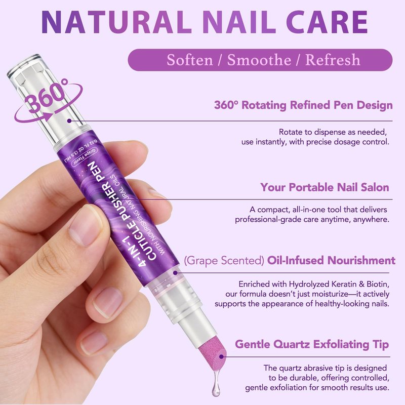 NBTREKTIE 4-in-1 Cuticle Oil Pen with Quartz Tip - Cuticle Pusher, Exfoliates, Polishes Nail Care Pen - Infused with Jojoba & Grapeseed Oil, Moisturizes & Shapes Cuticles, Refines Nail Surface, 3.5ml